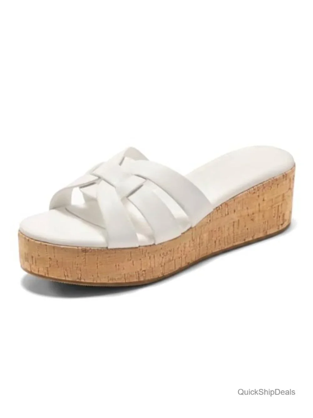 Faux Leather Platform Sandals with Cutouts 2.05in Wedge Heel Cork Insole Slip On